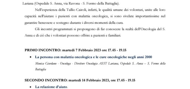 Corso volontari in oncologia